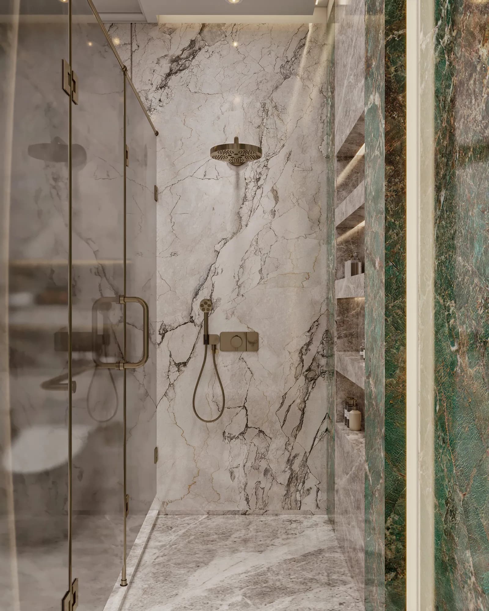 Family Residence: The shower pairs an overhead rain head and handheld fitting with illuminated niches, framed by pale veined walls and a green accent panel.