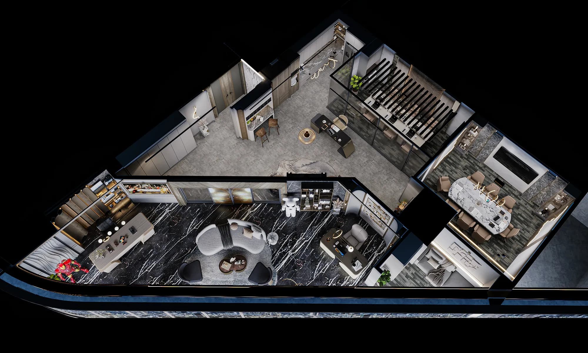 Miers Showroom: An overhead cutaway maps the lounge and desk displays alongside the pantry, glass-enclosed workstations and meeting room.