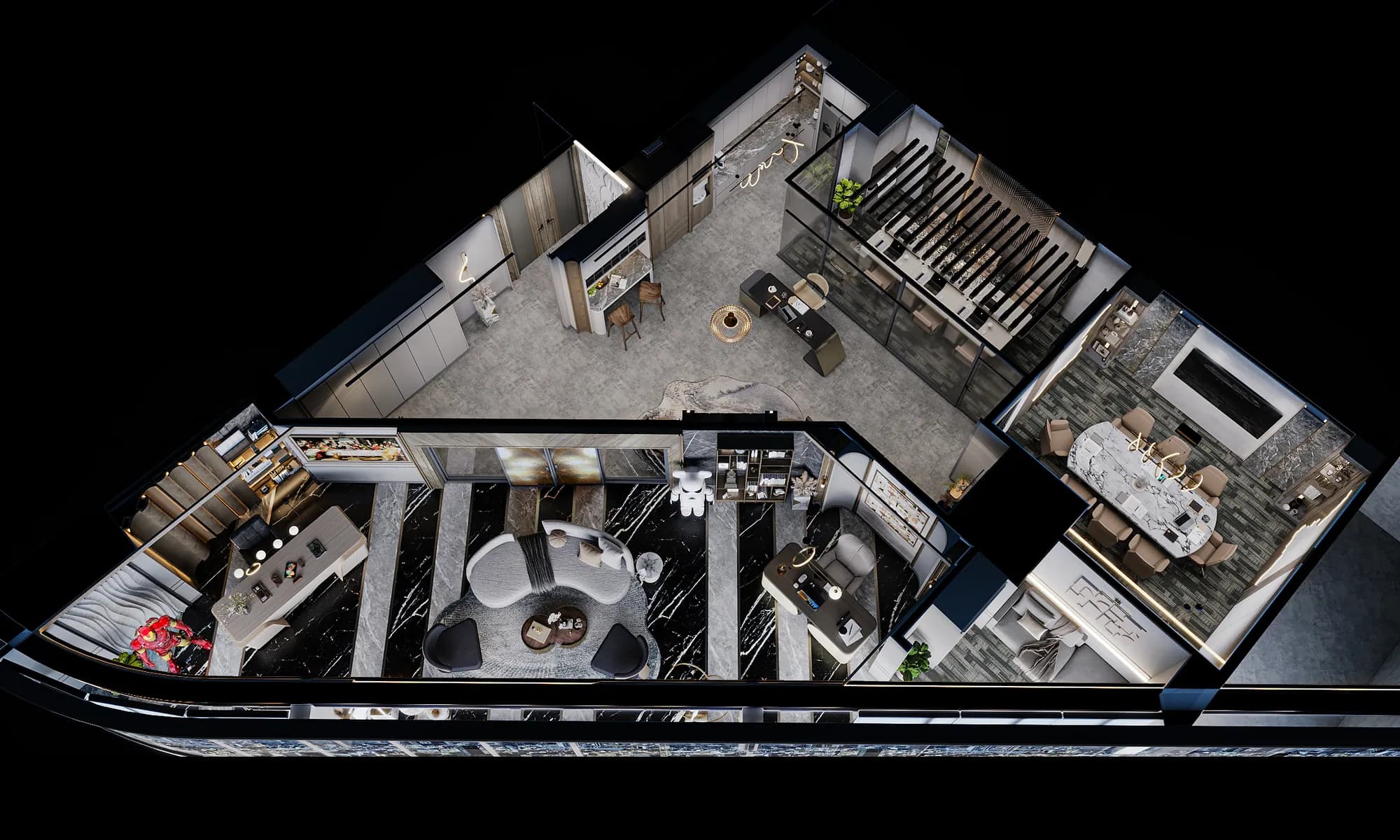 Miers Showroom: An overhead cutaway shows the showroom's lounge and desk displays, pantry, shared workstations and separate meeting room.