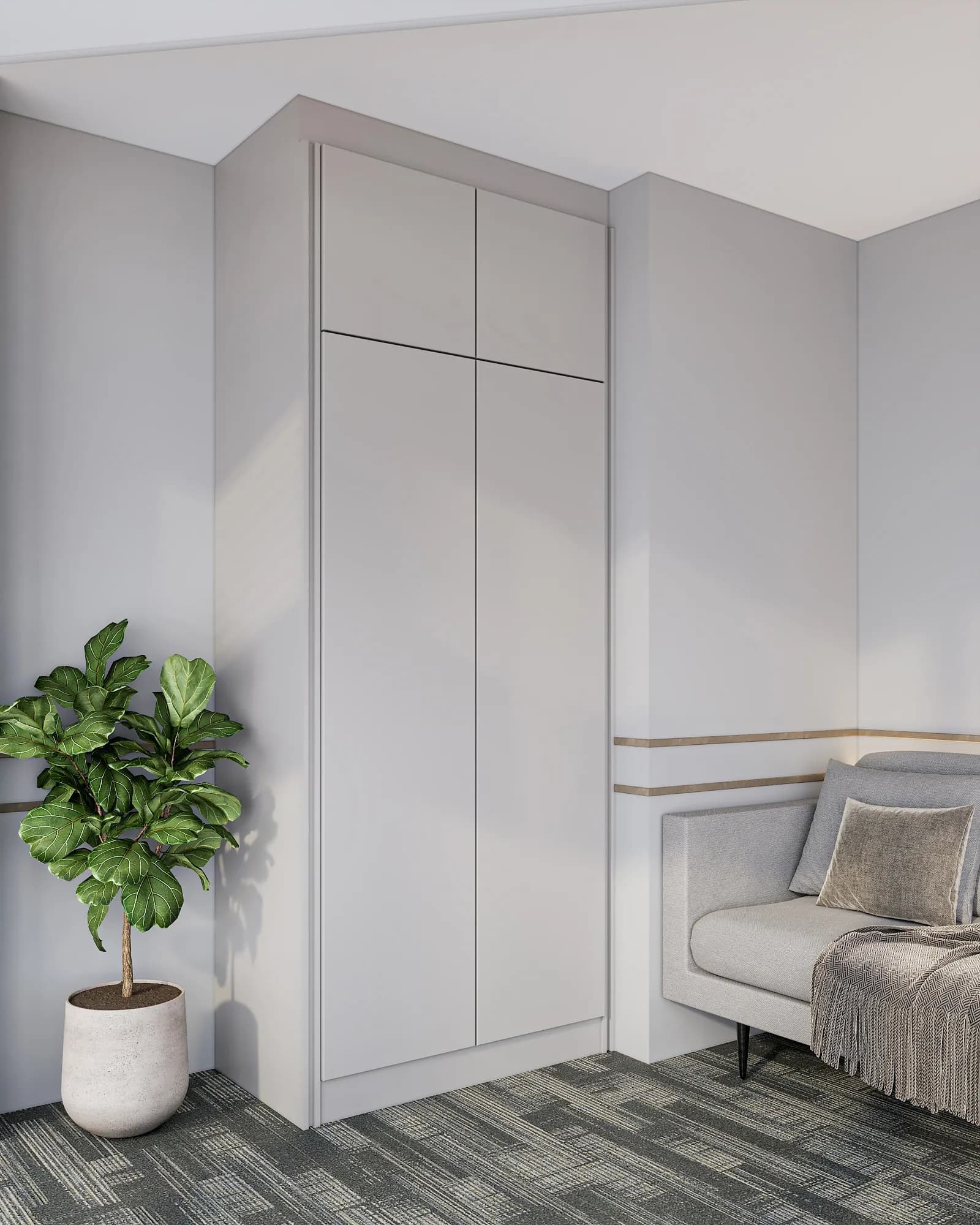 Miers Showroom: A potted plant and grey upholstered seating soften a corner of full-height wall panels with slim metallic trim.