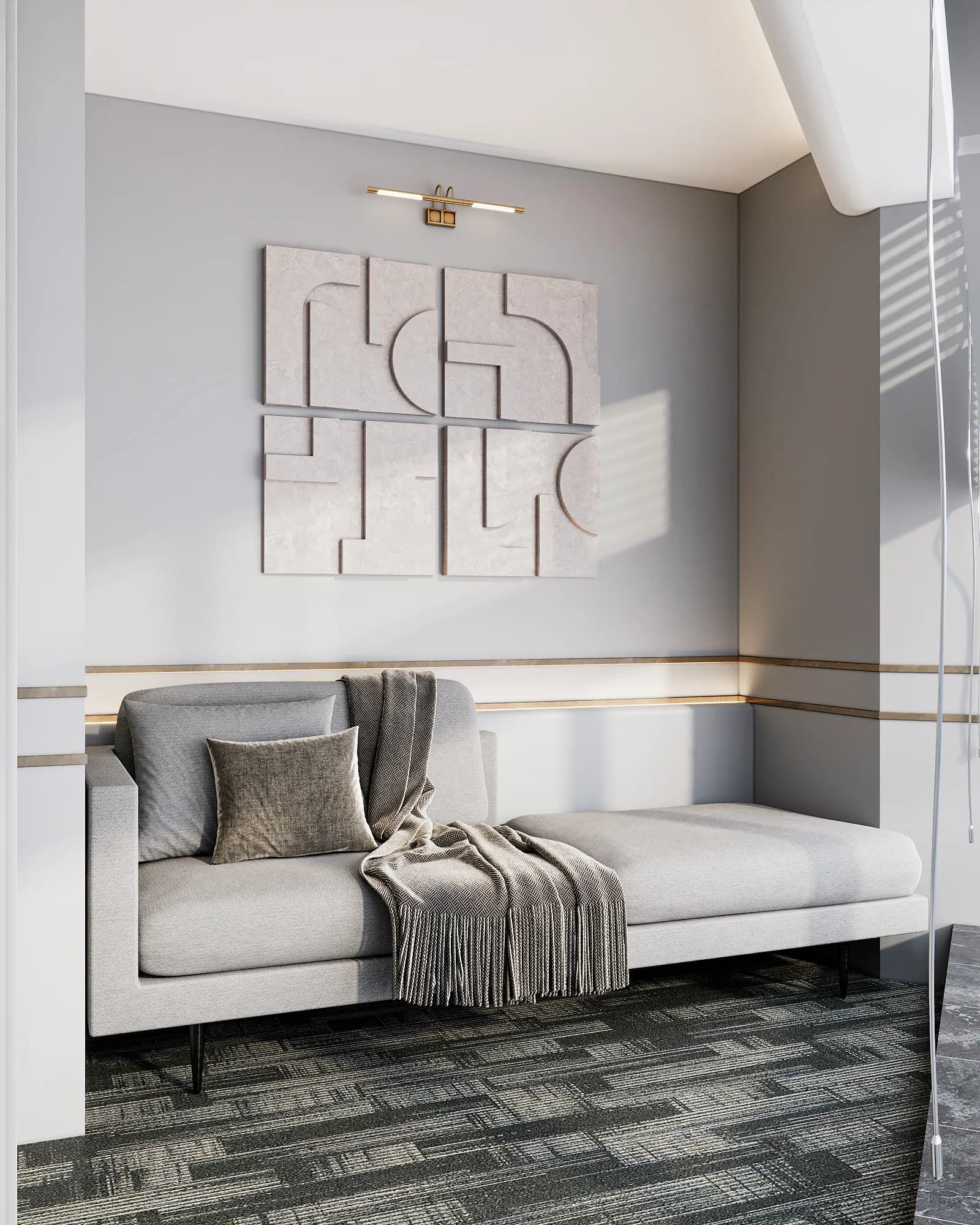 Miers Showroom: A grey chaise lounge sits beneath four geometric relief panels, with warm linear lighting along the wall.