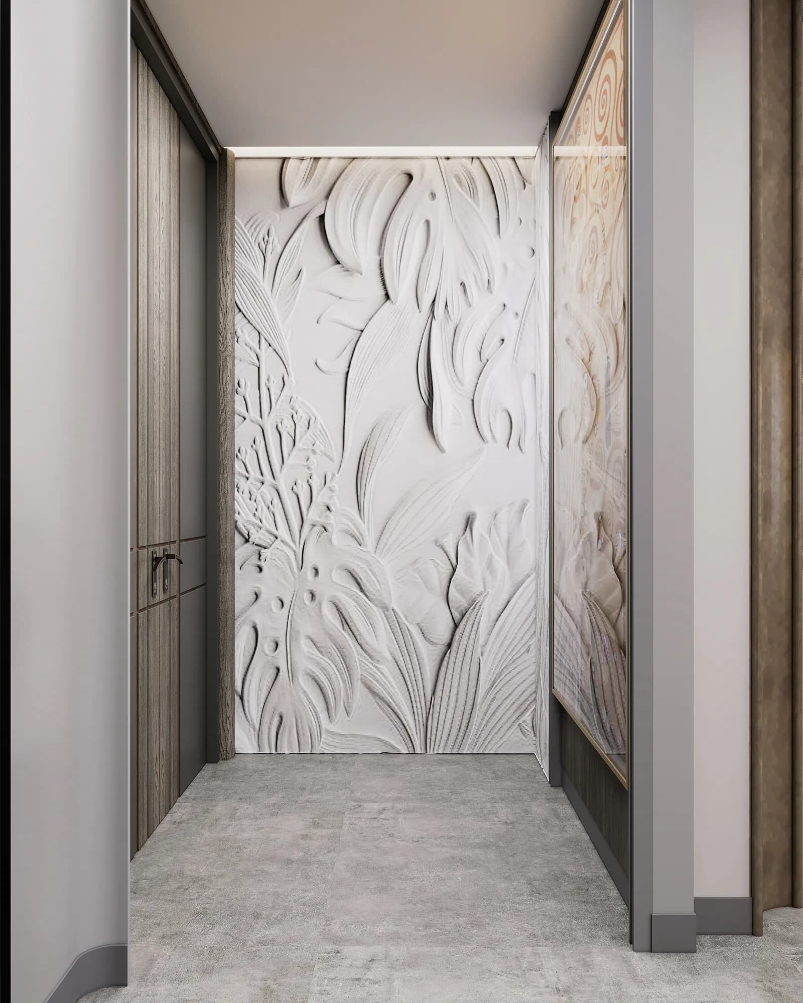 Miers Showroom: A white botanical relief wall forms the end of a passage beside wood-grain door panels and framed artwork.