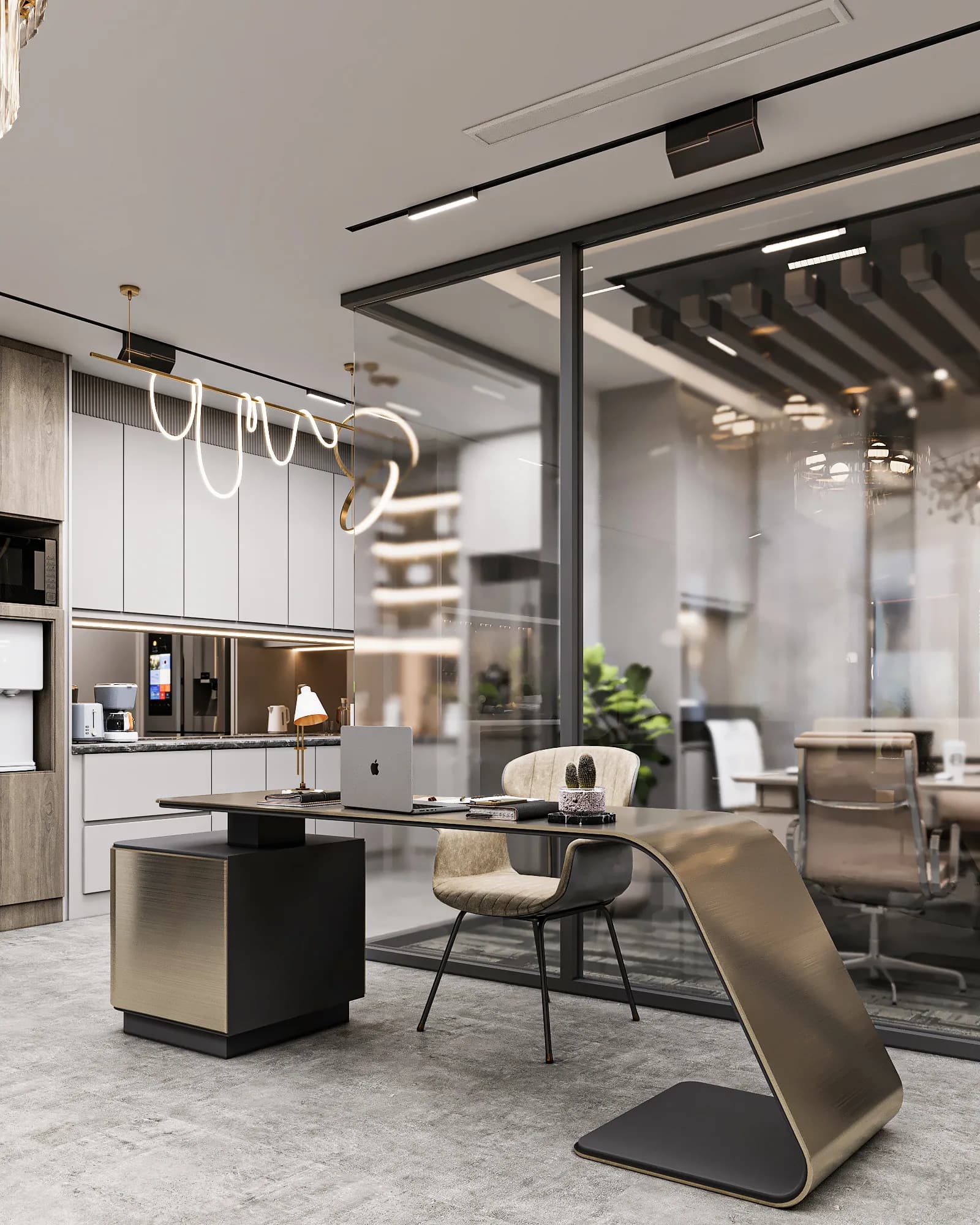 Miers Showroom: A sculptural desk with a sweeping curved support stands between the pantry display and the glass-enclosed workspace.