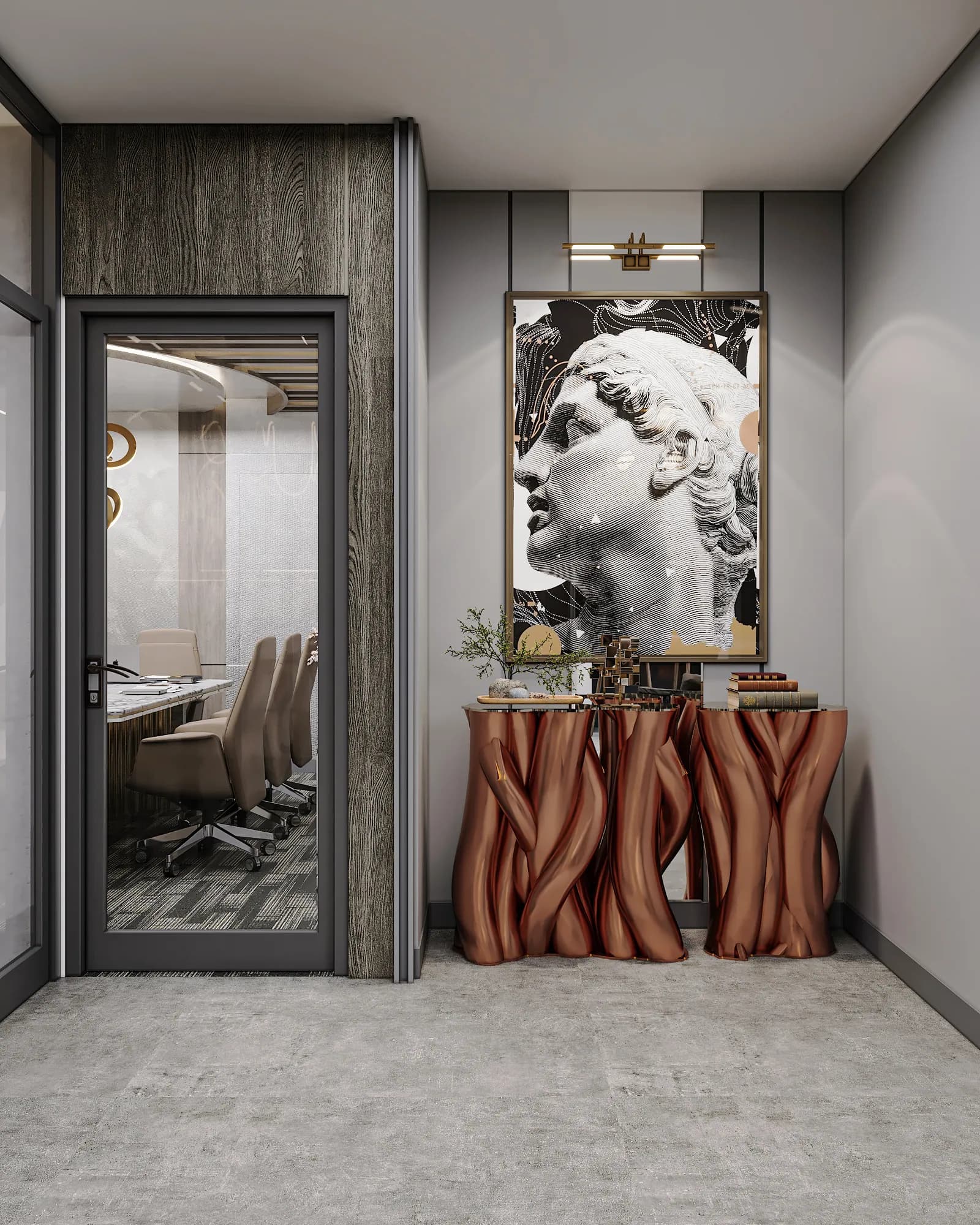 Miers Showroom: Copper-toned sculptural tables and portrait artwork create a display beside the glazed meeting-room doorway.