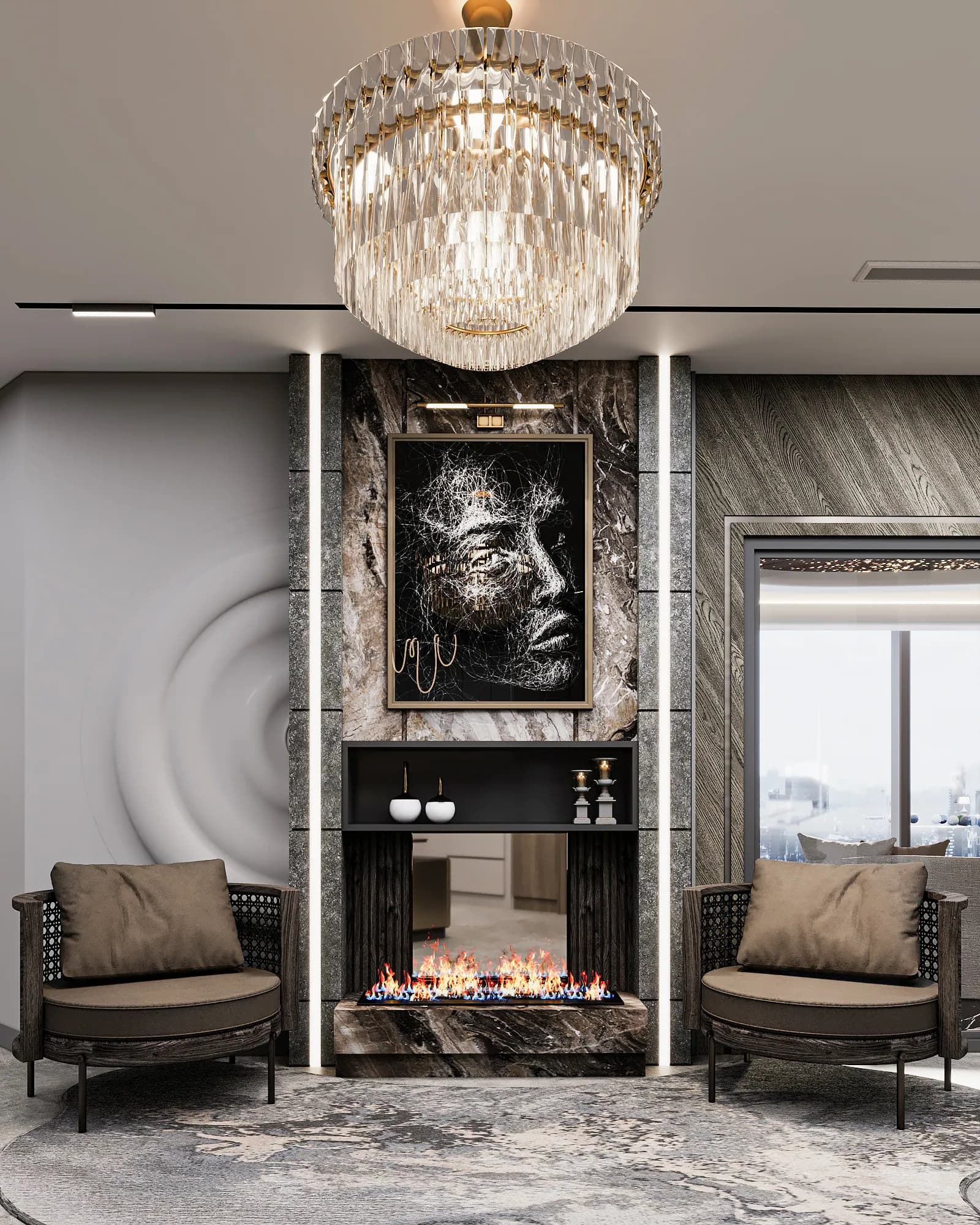 Miers Showroom: Two lounge chairs flank a fireplace feature beneath a tiered chandelier, with portrait artwork on a veined wall panel.
