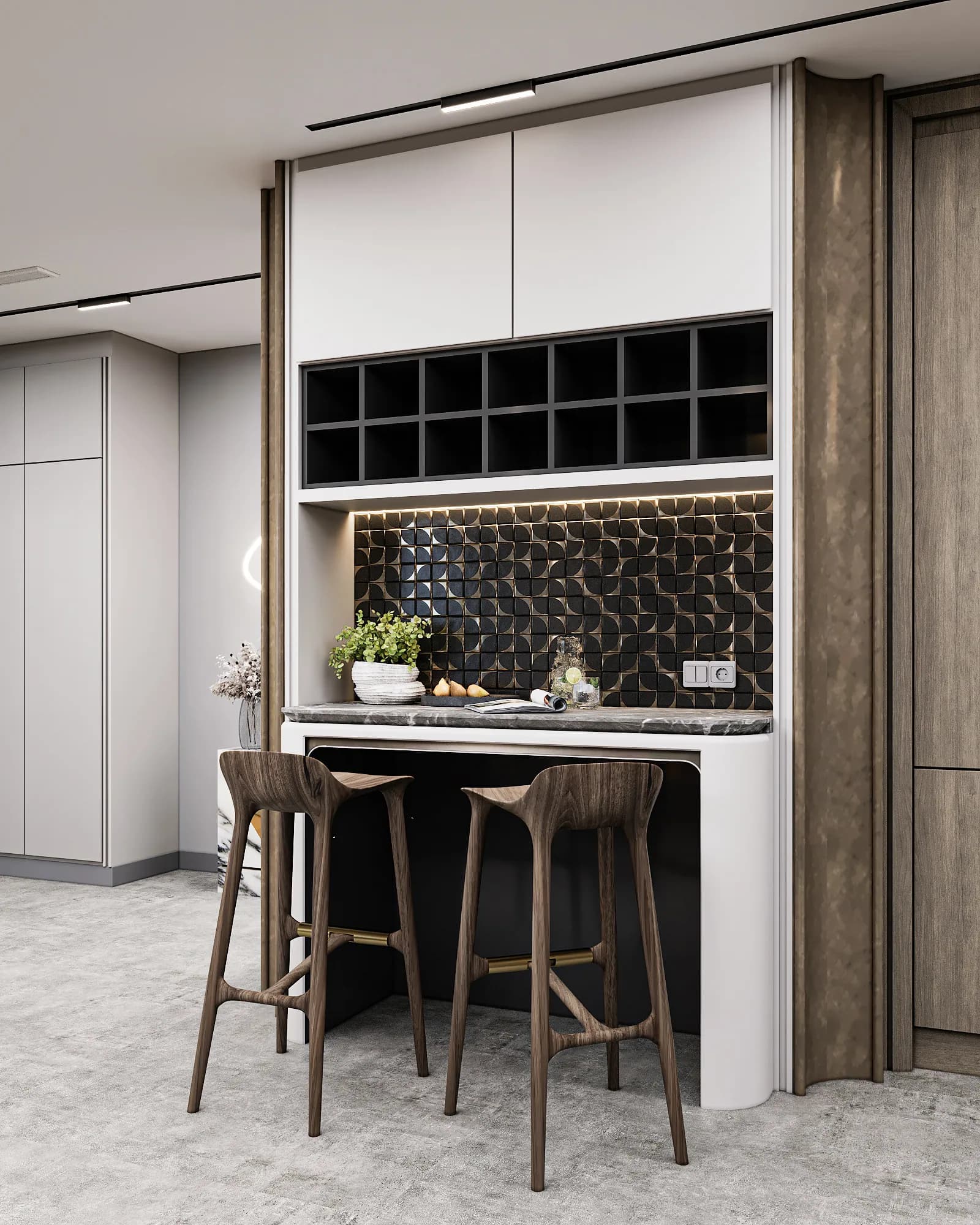 Miers Showroom: A compact bar-counter display pairs wood-toned stools with open cubbies, a geometric backsplash and under-shelf lighting.