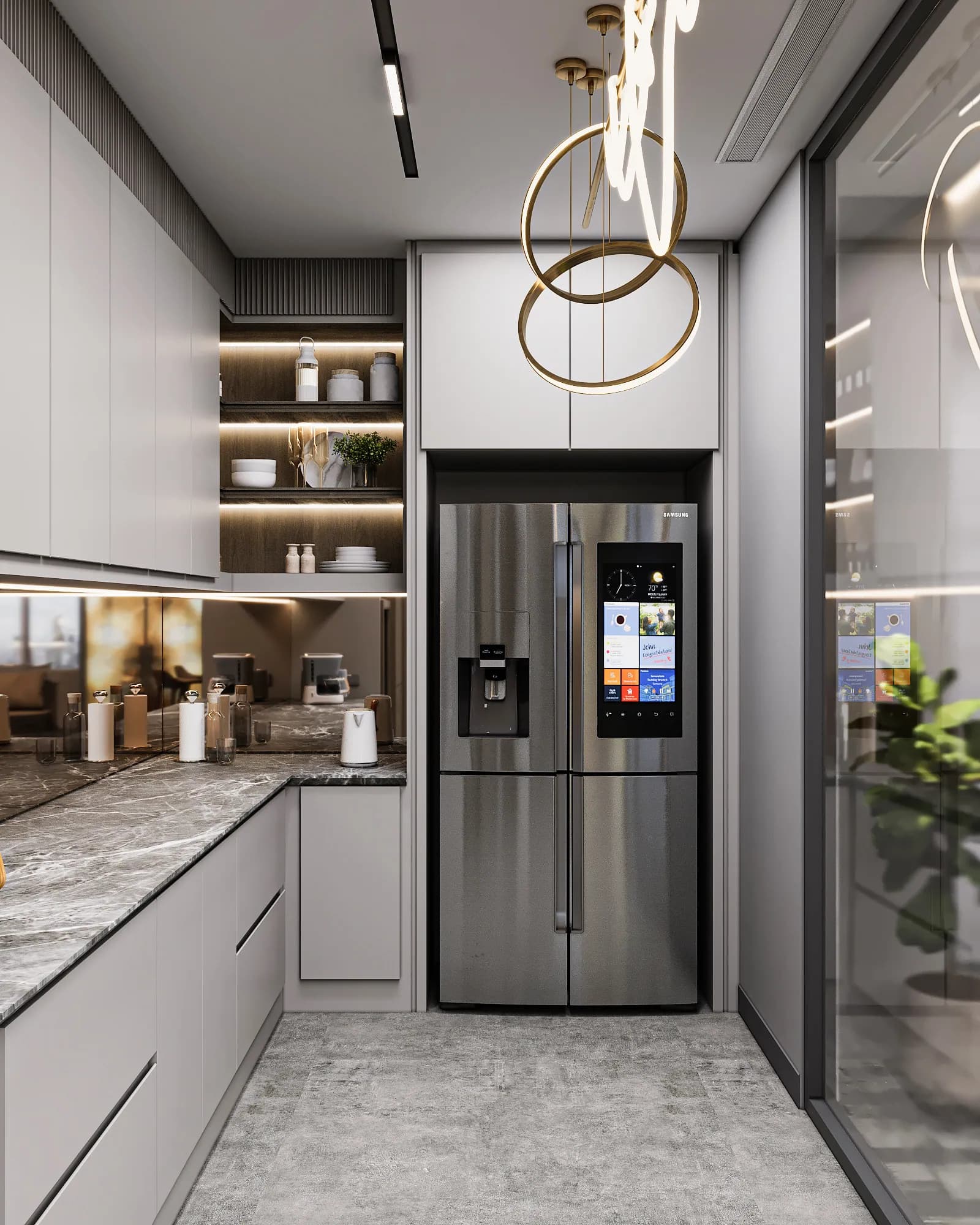 Miers Showroom: A refrigerator is framed by pale pantry cabinetry and illuminated display shelves beneath ring pendant lights.