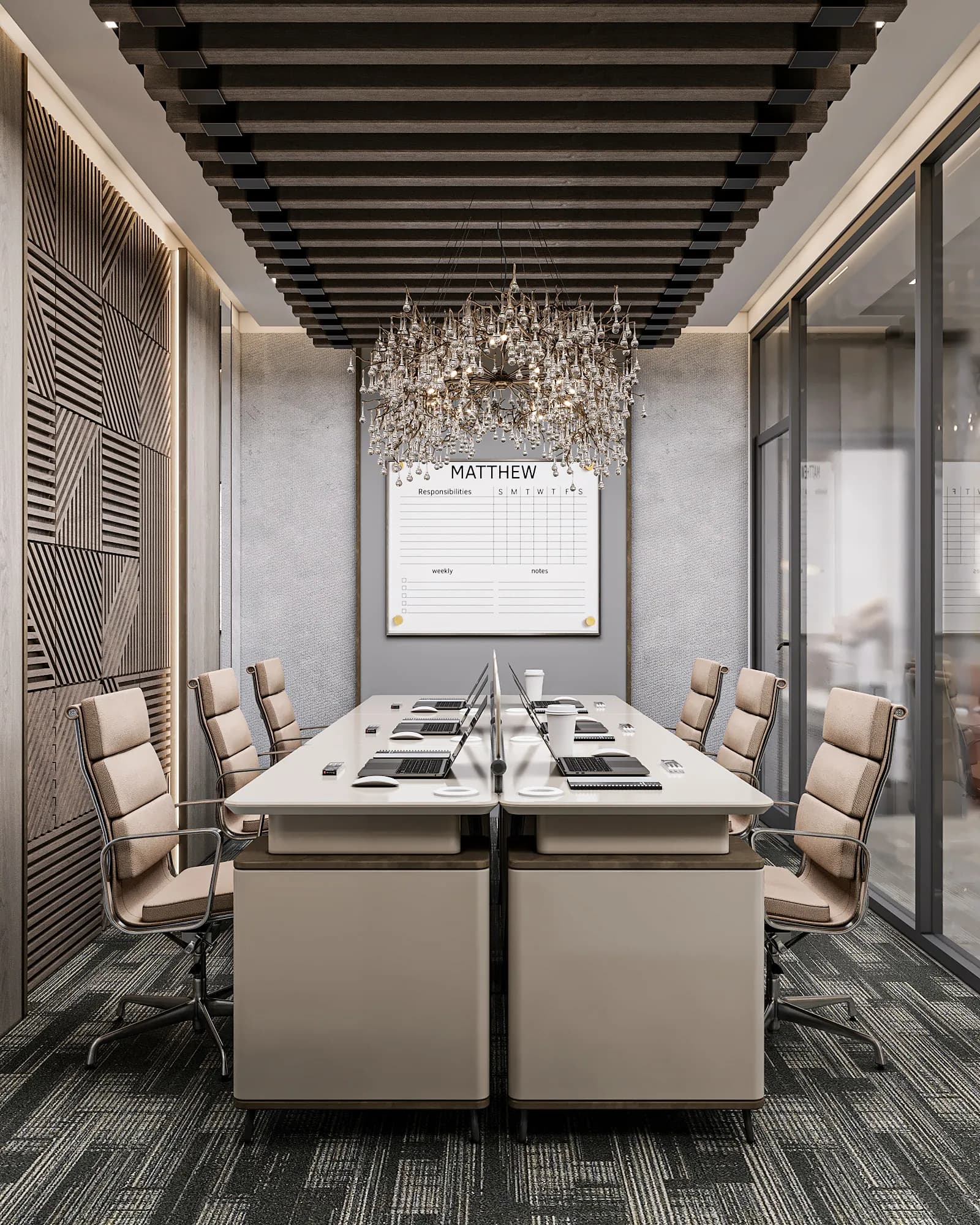 Miers Showroom: Facing rows of laptop workstations sit between a geometric slatted wall and glass partitions, beneath a branching chandelier.