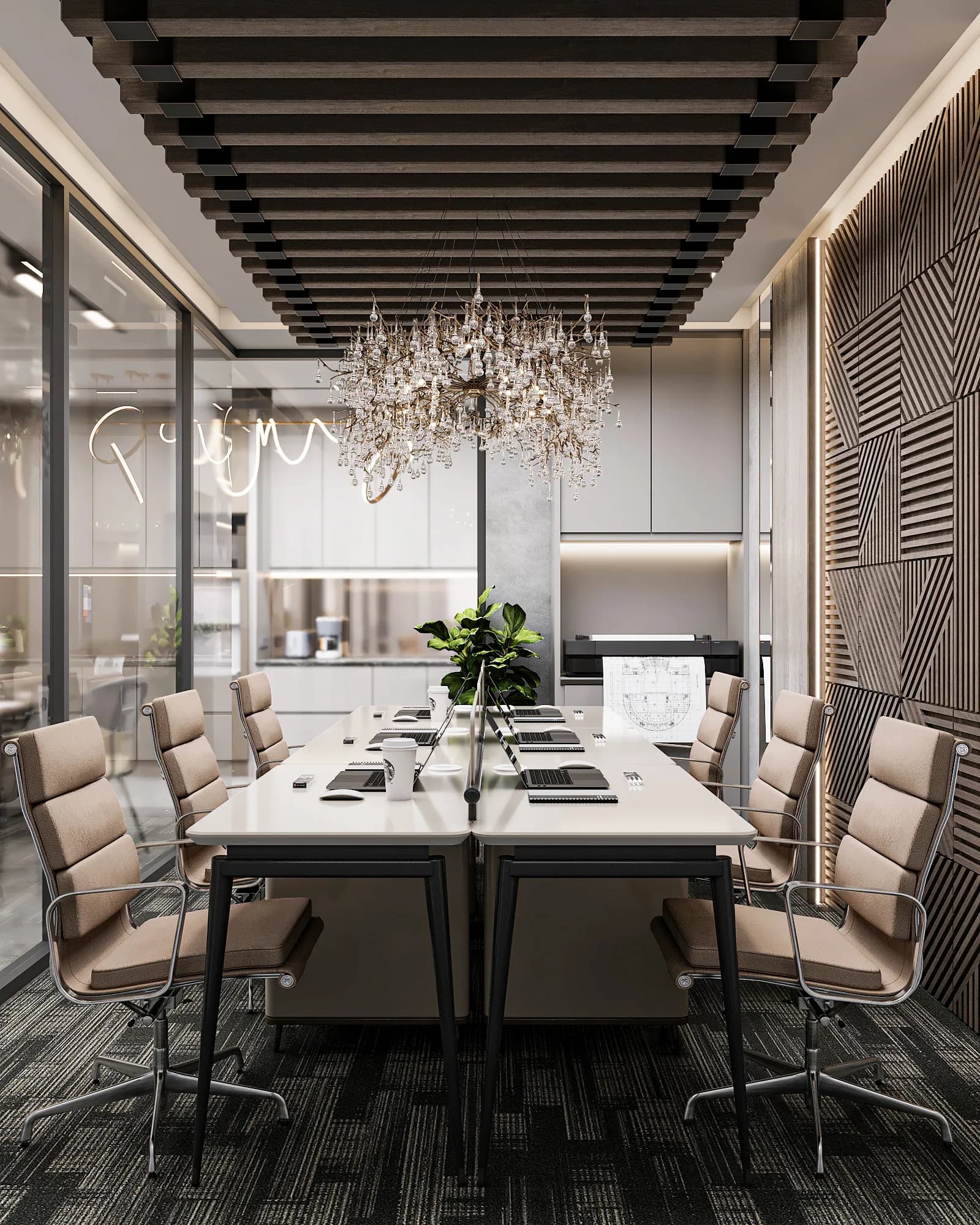 Miers Showroom: The workstation display opens toward the pantry through glass partitions, with ceiling beams and a geometric wall defining the space.