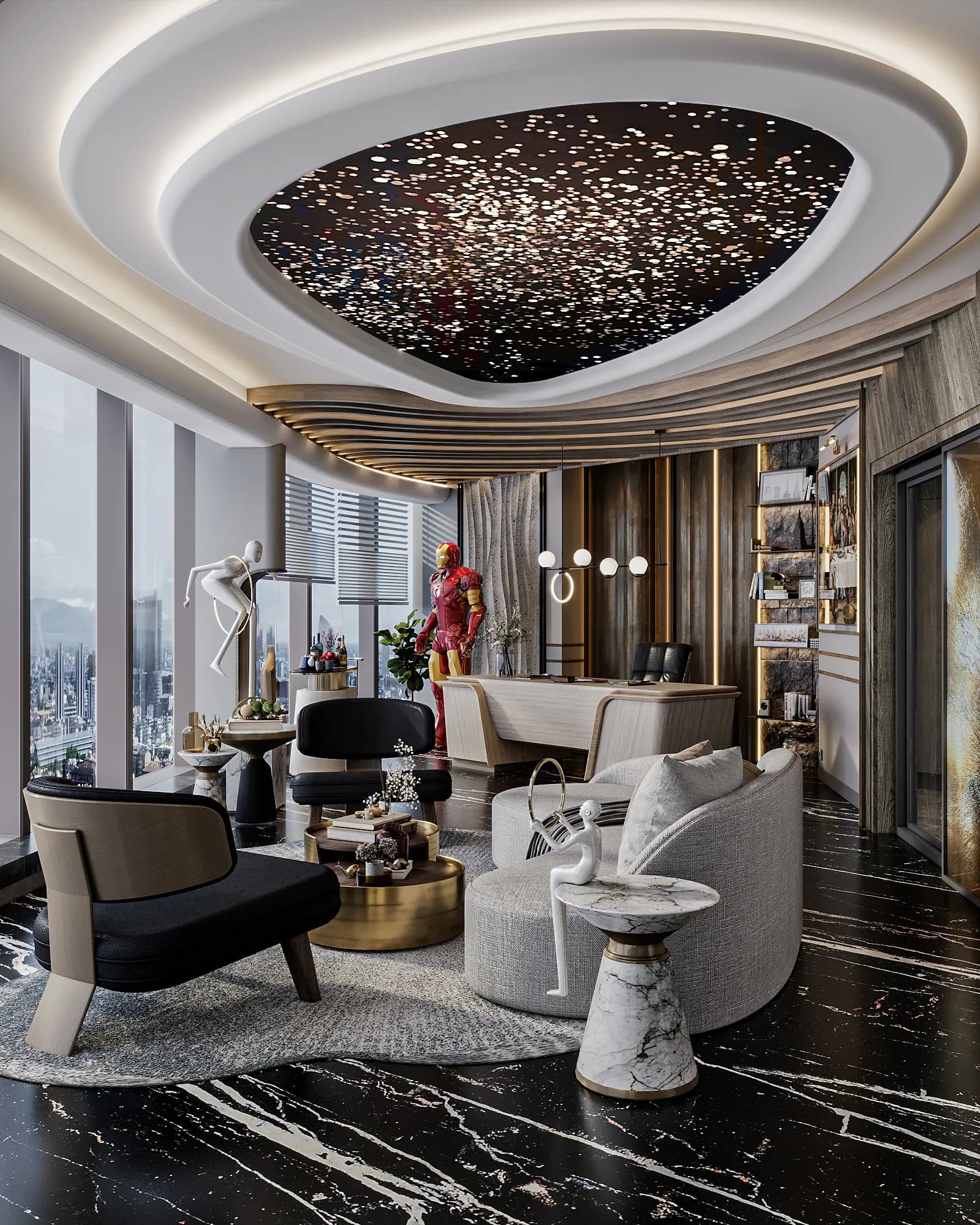 Miers Showroom: A curved sofa and dark lounge chairs form a seating display beneath an illuminated ceiling feature, with a desk beyond.