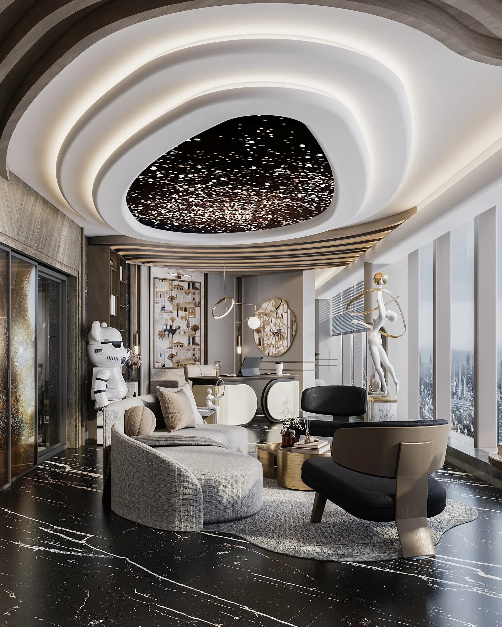 Miers Showroom: A curved sofa, sculptural lounge chairs and nested tables sit beneath an oval ceiling feature with a dotted light pattern.