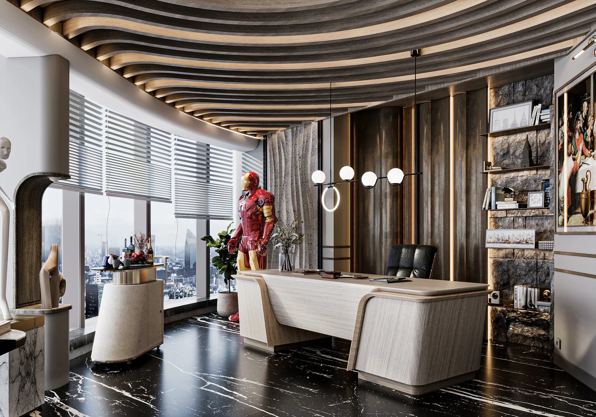 Miers Showroom: Iron Man beside the desk and windows.