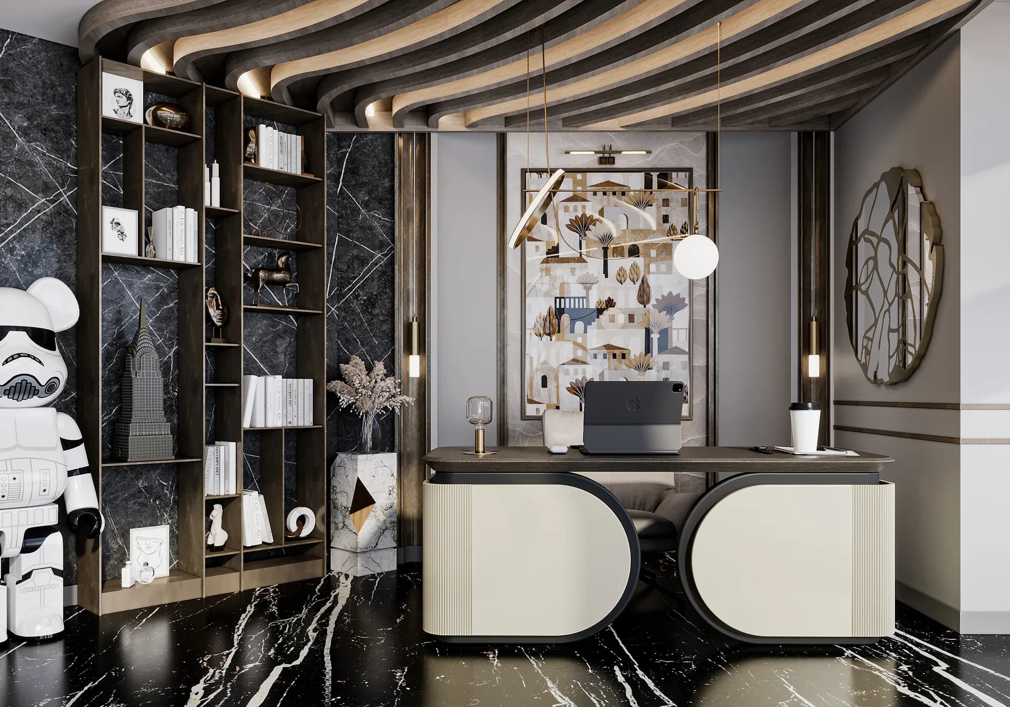 Miers Showroom: A sculptural desk display is framed by open shelving, artwork and an illuminated wave ceiling.
