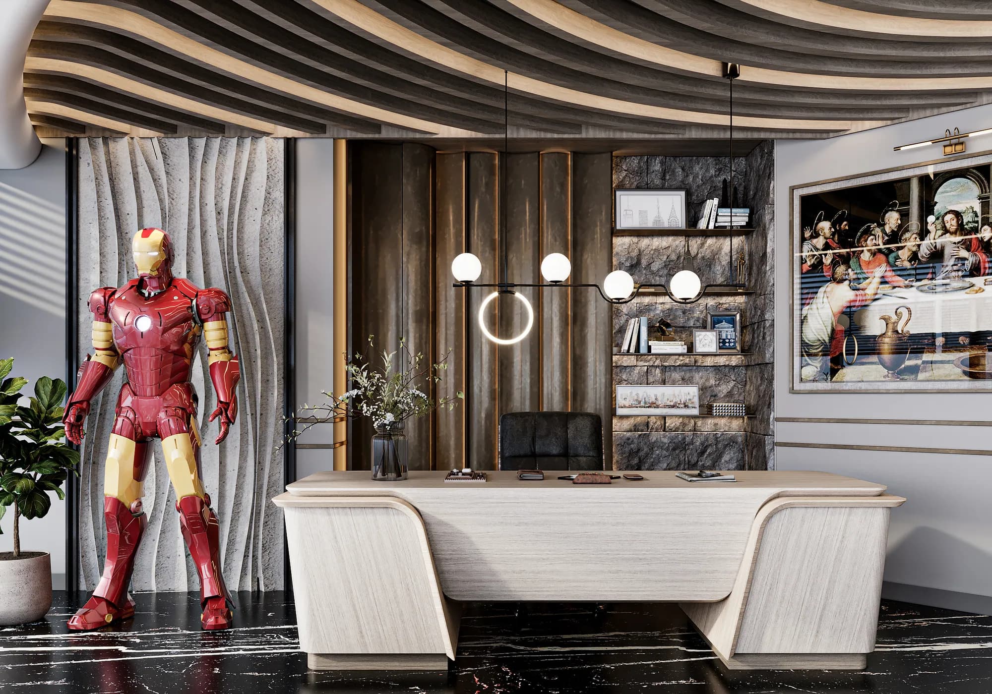 Miers Showroom: A broad curved desk display sits beside an Iron Man figure, illuminated wall panels and open display shelves.