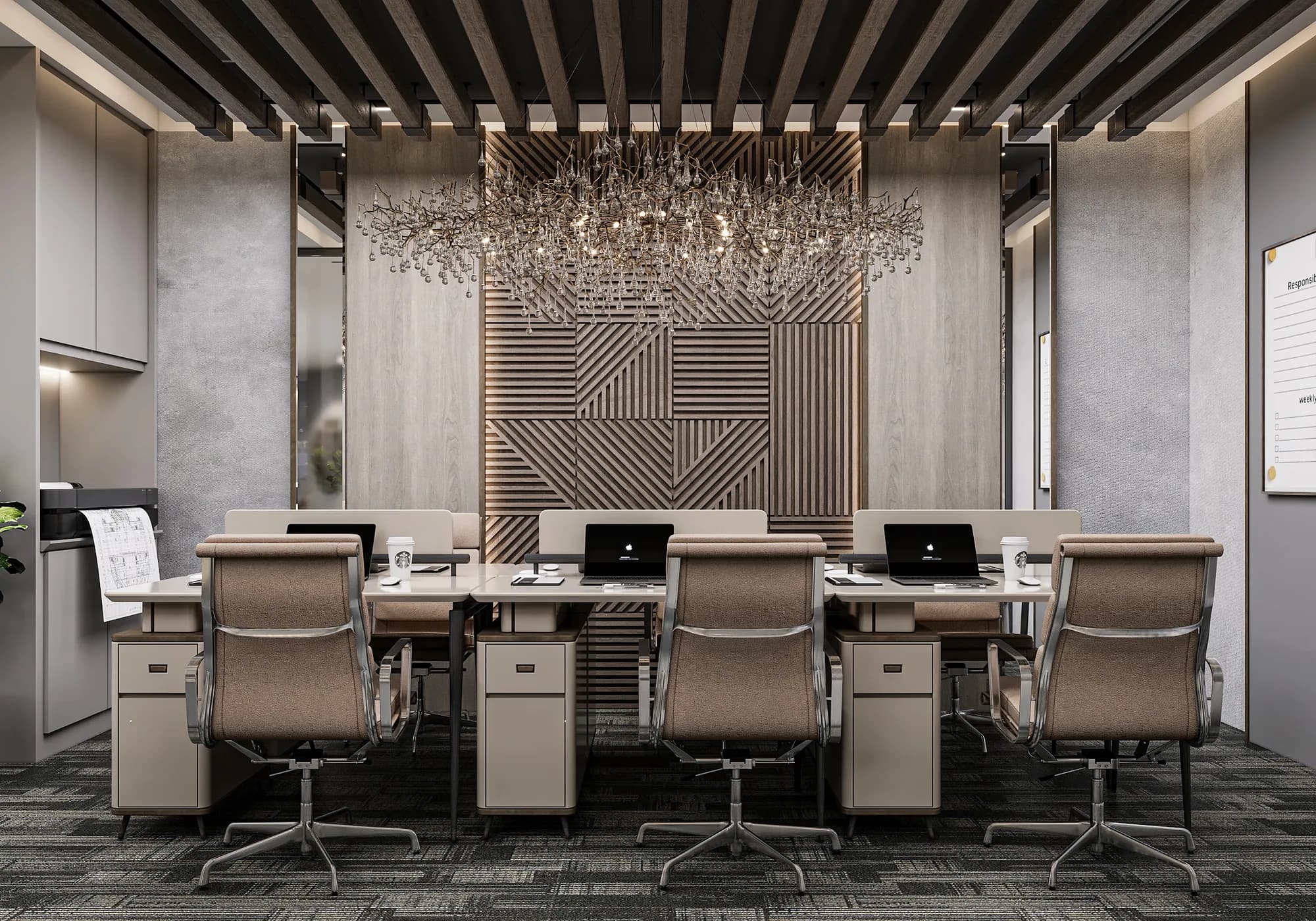 Miers Showroom: Shared workstations sit beneath branching chandeliers, framed by a geometric slatted wall and wood-toned ceiling beams.