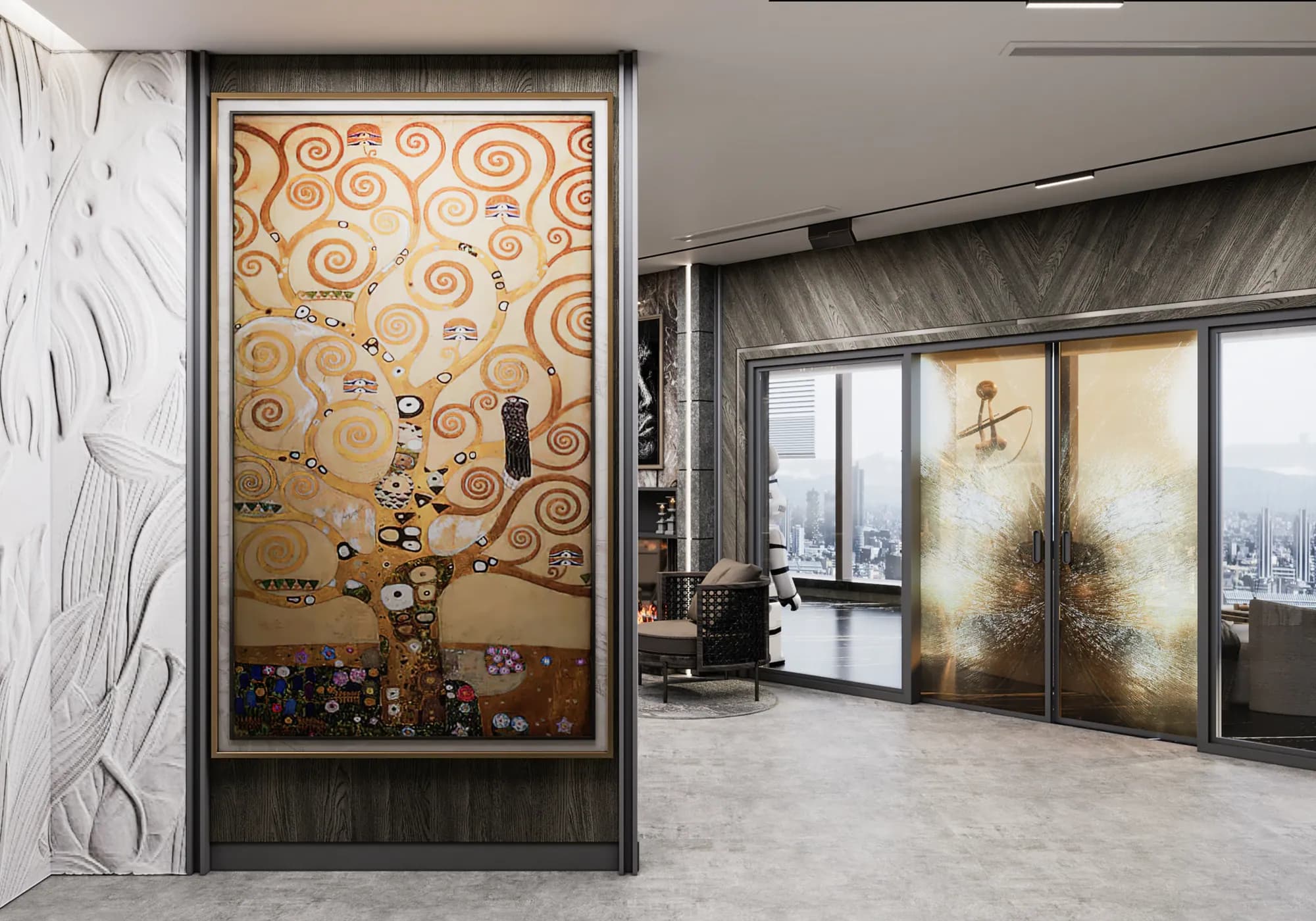 Miers Showroom: Tree-pattern artwork and a white botanical relief wall frame the passage beside glazed doors with gold-toned abstract imagery.