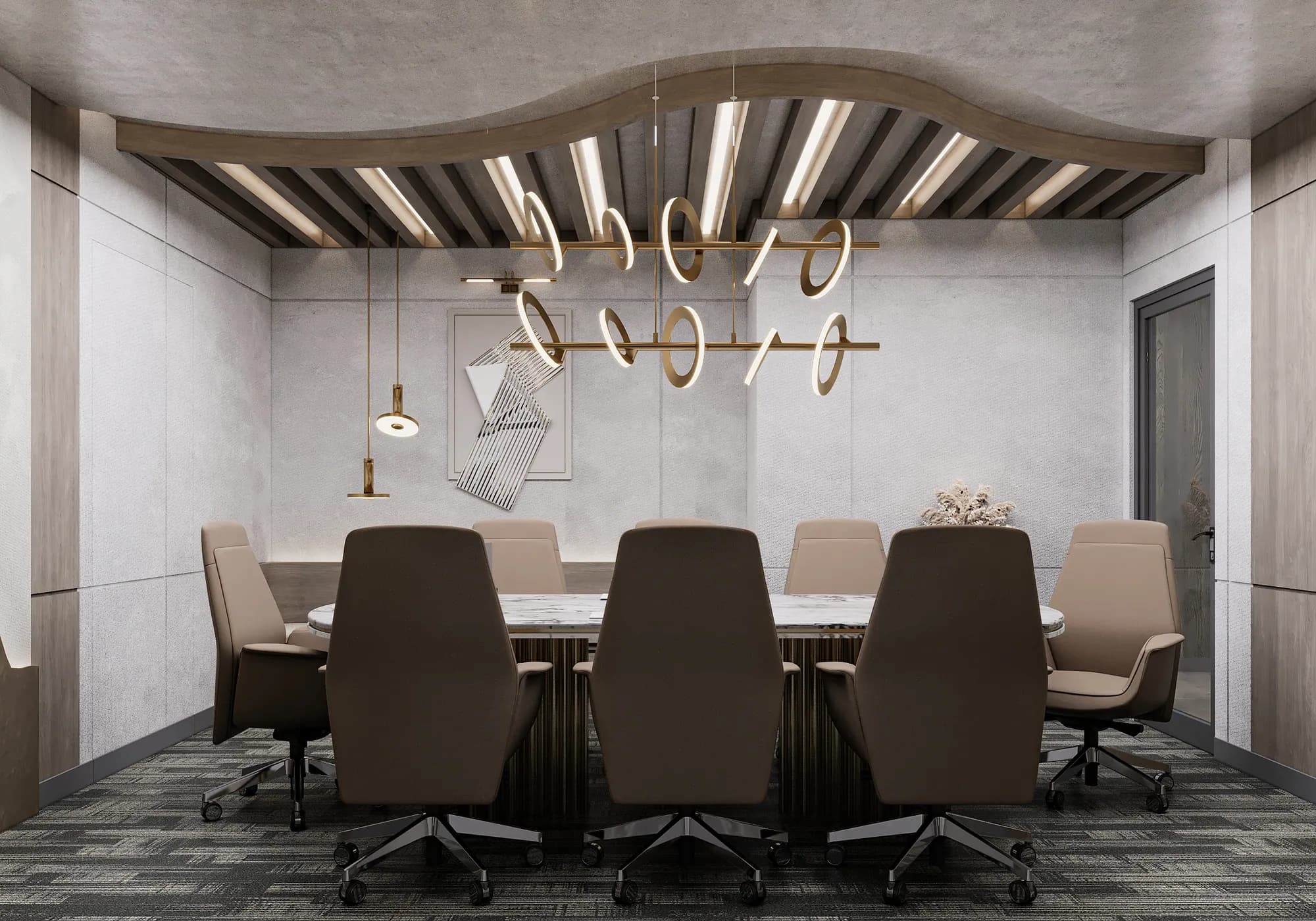 Miers Showroom: An oval meeting table and high-back swivel chairs are arranged beneath suspended rings and a wave-edged slatted ceiling.