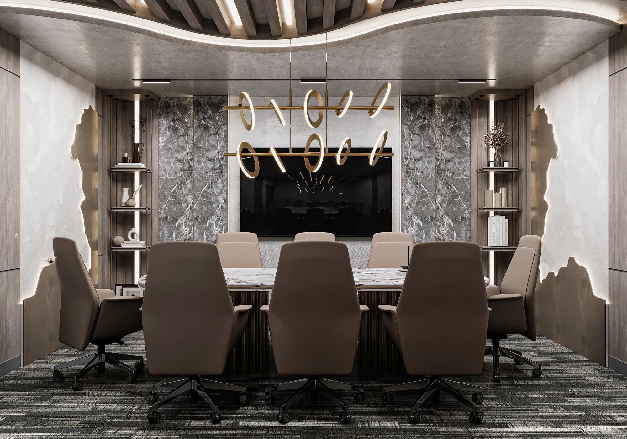Miers Showroom: The meeting-room display faces a large wall screen, with paired shelving niches and backlit organic accents around the table.