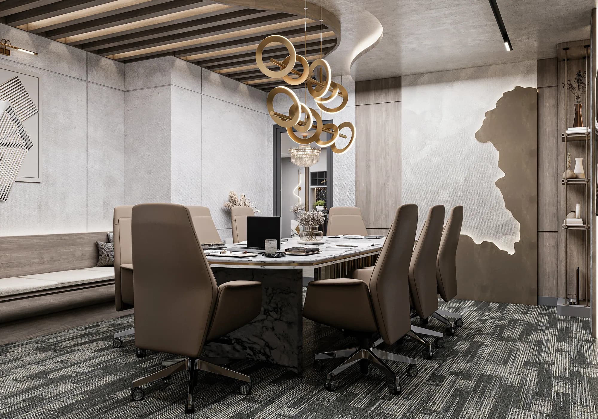 Miers Showroom: A meeting-table display combines high-back swivel chairs, ring pendant lights and an illuminated organic wall accent.