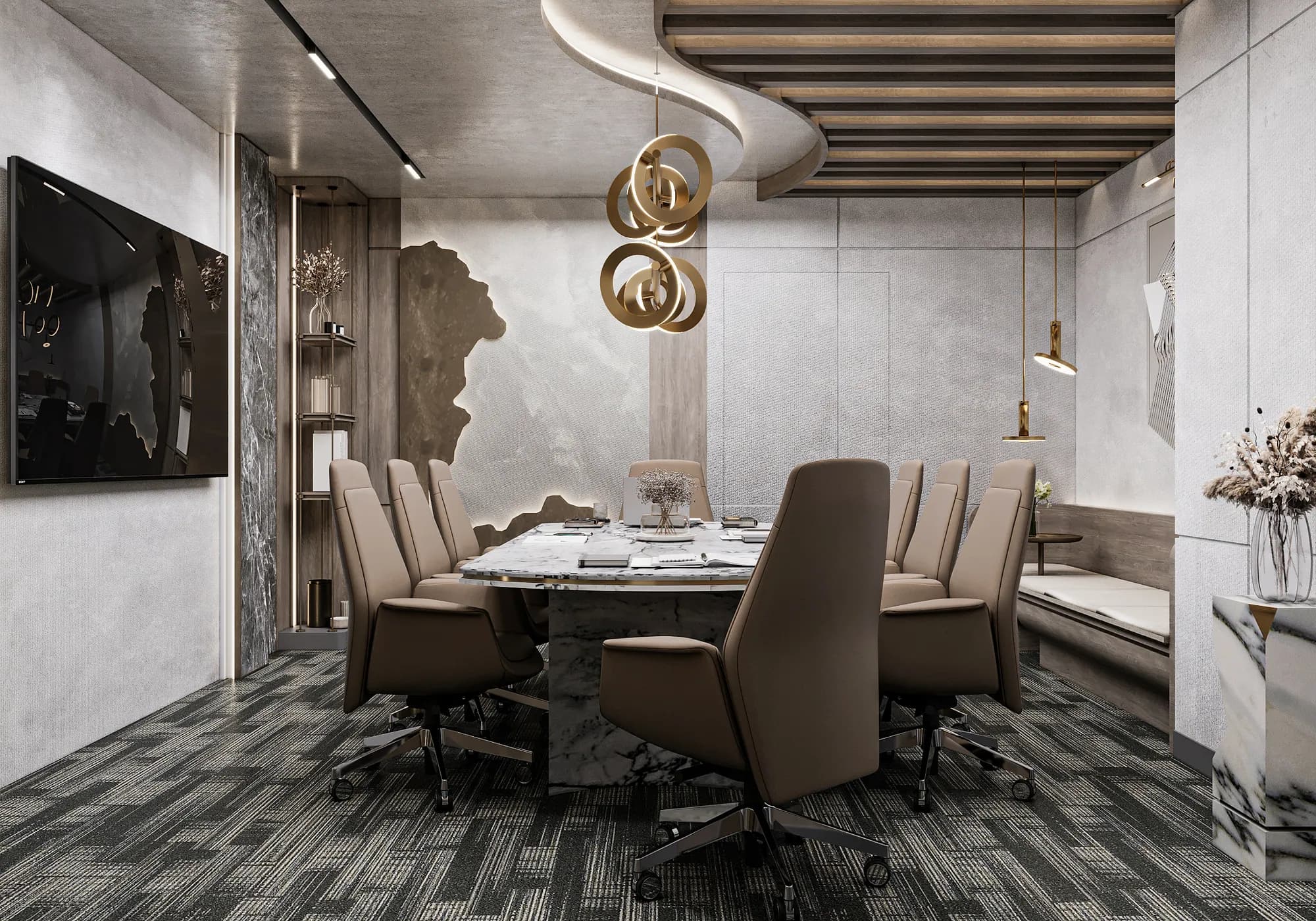 Miers Showroom: A side view of the meeting-table display reveals the wall screen, integrated bench and layered ceiling lighting.