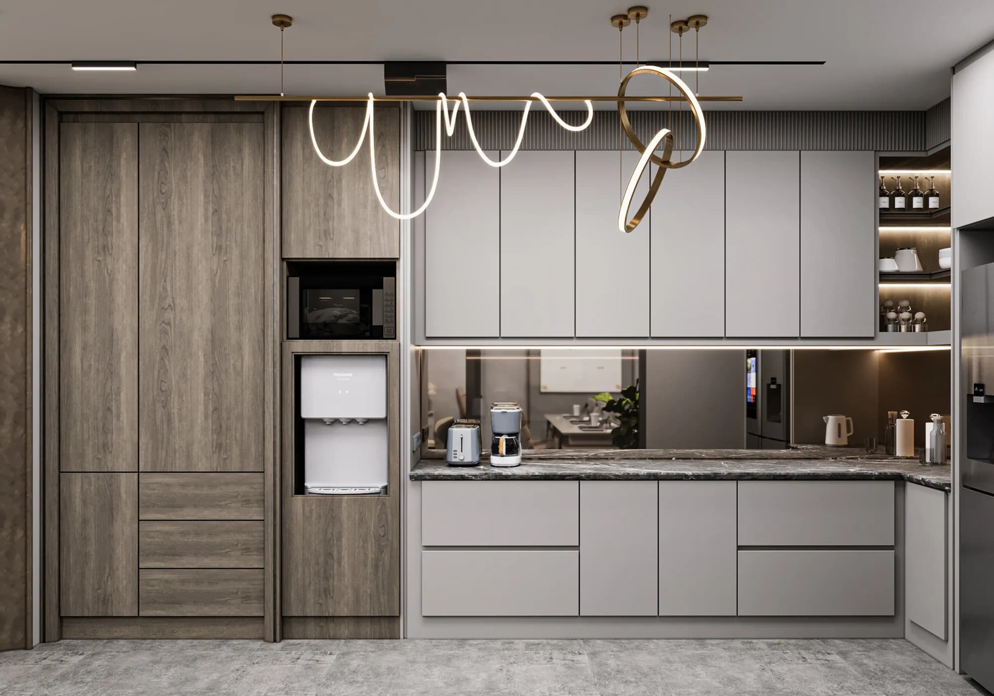 Miers Showroom: The pantry display combines pale cabinetry, wood-grain storage, a mirrored backsplash and illuminated shelves beneath looping pendant lights.