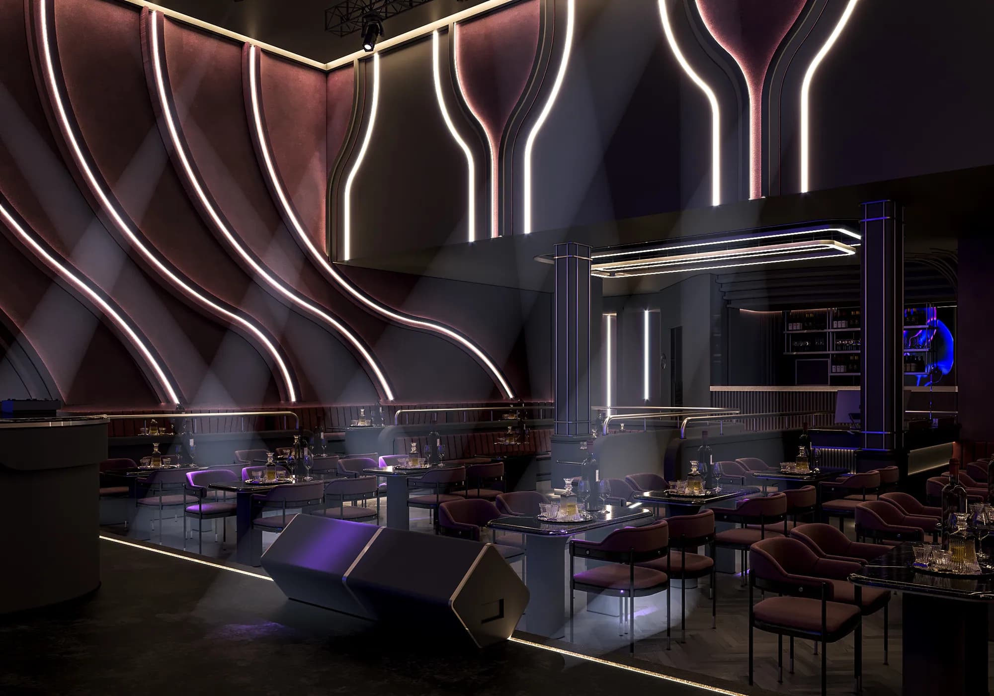 Pink Panther: Seating beneath sweeping illuminated wall lines.