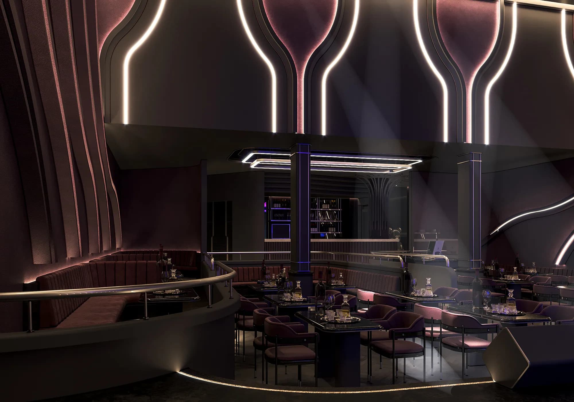 Pink Panther: A second view of the wall lighting and seating arrangement.