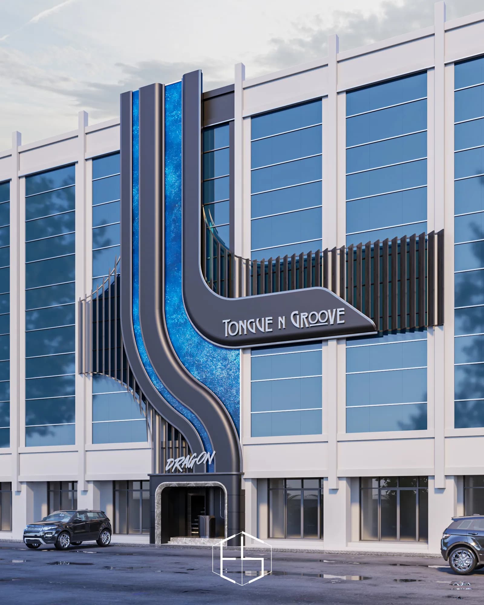 Tongue & Groove Island: The exterior with curved lines and blue glazing.