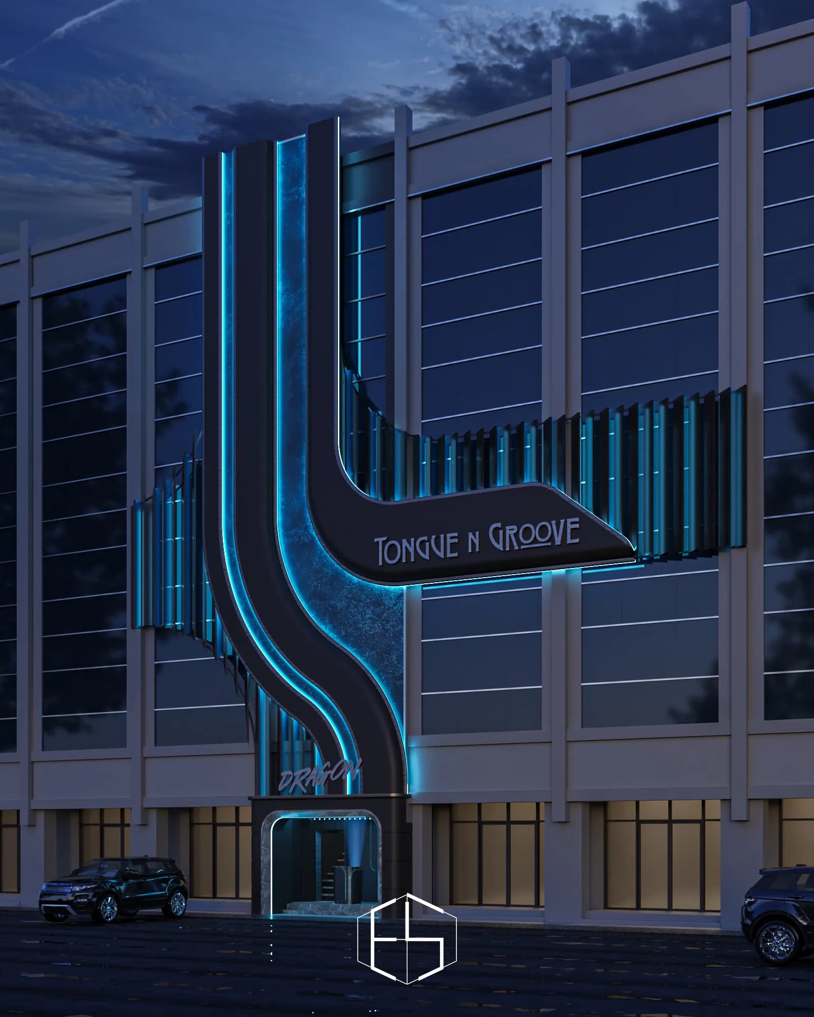 3D render of the facade, Tongue & Groove Island — hospitality venue design visualization by ePrivilege Studio (view 4)