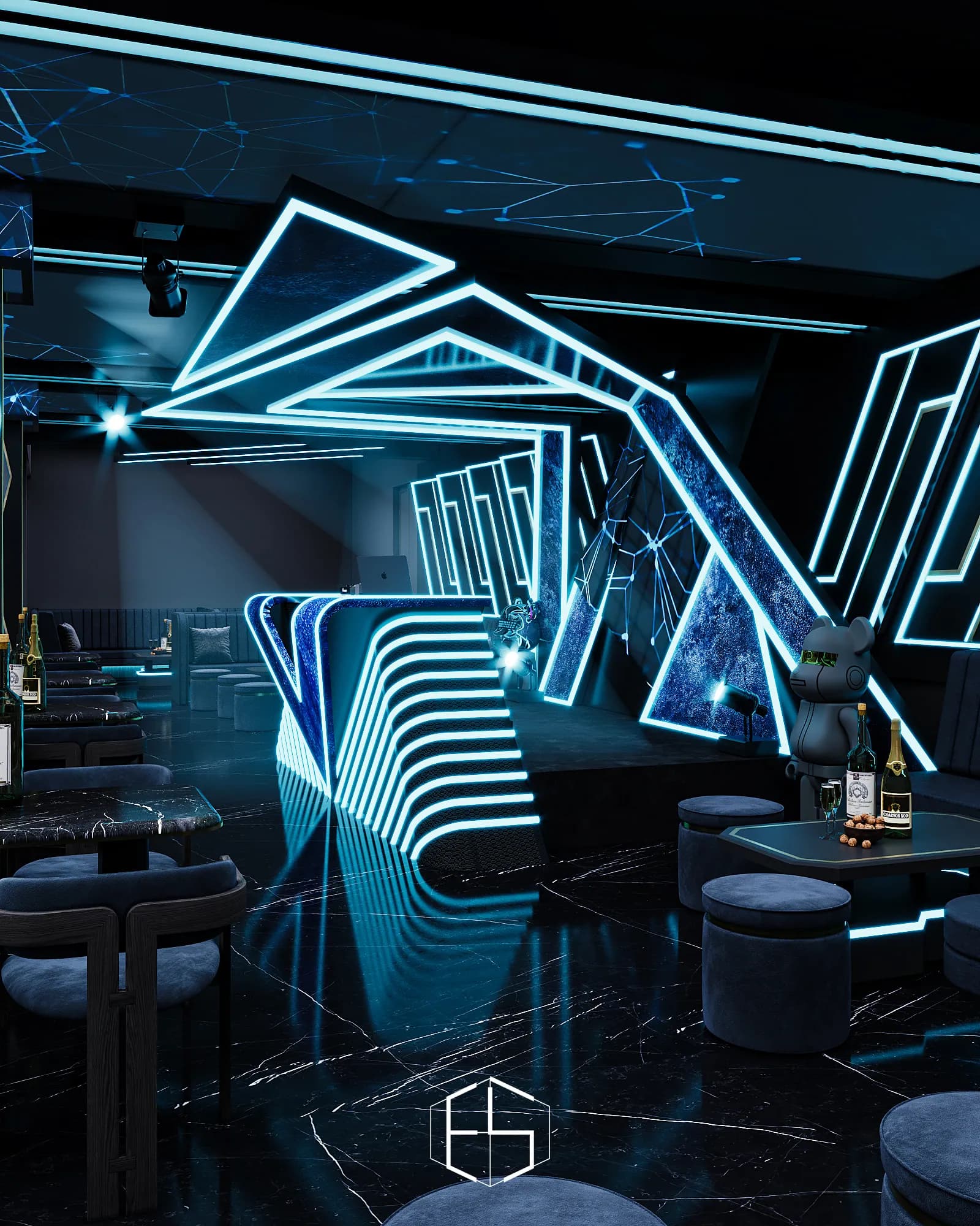 Tongue & Groove Island: A closer view of the angular lighting installation.