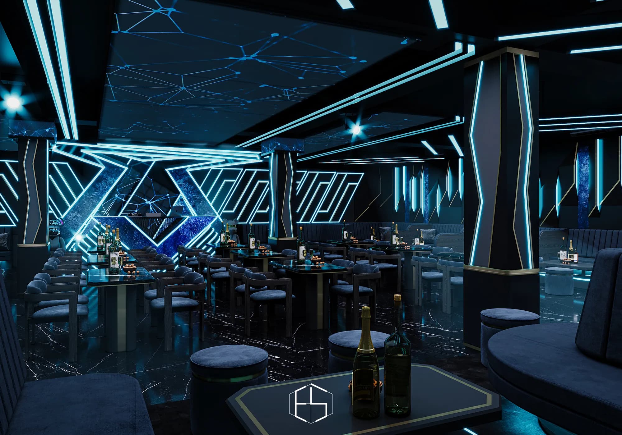 Tongue & Groove Island: The main seating area and geometric stage lighting.