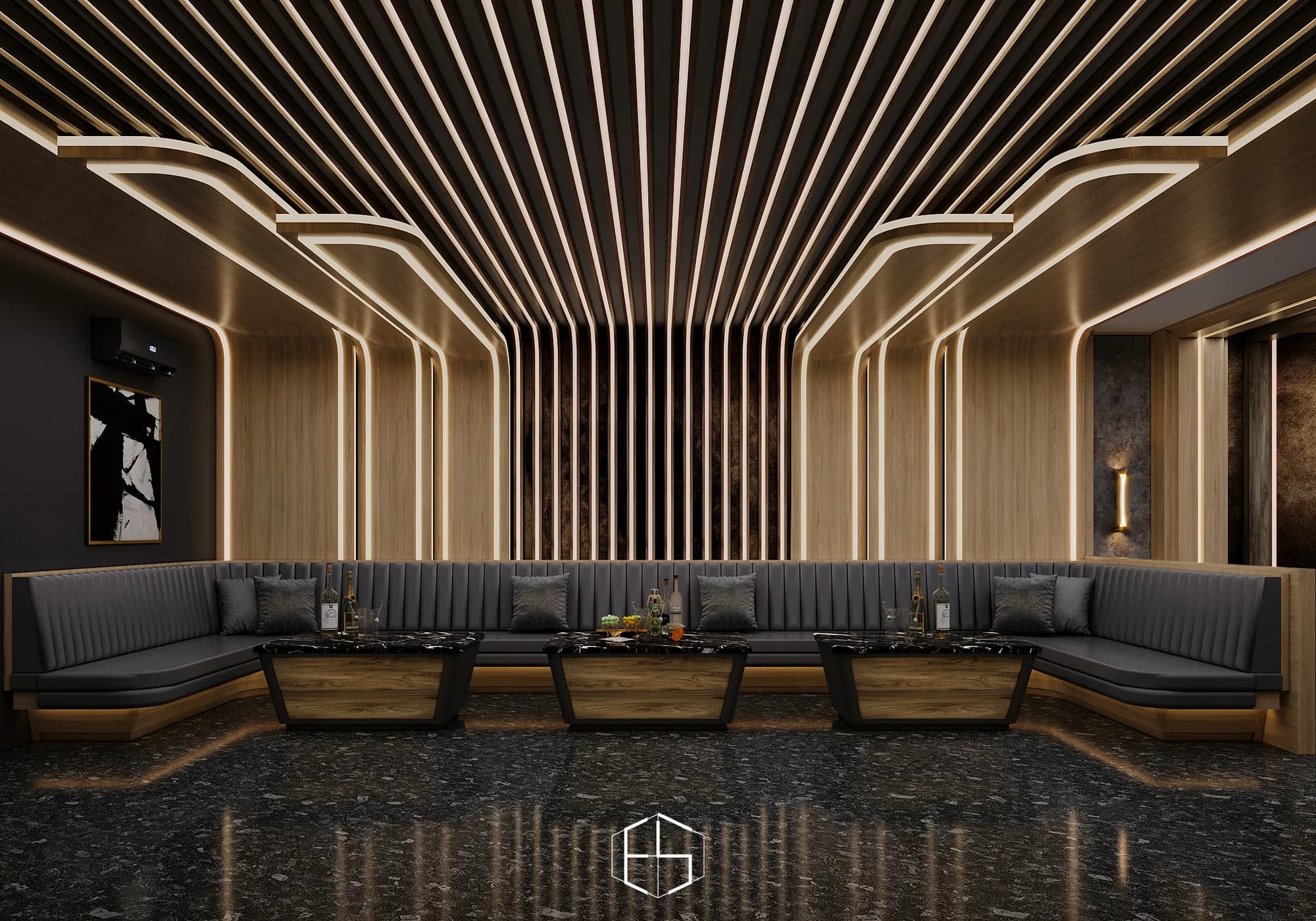 3D render of the karaoke room, Tongue & Groove Island — hospitality venue design visualization by ePrivilege Studio (view 2)